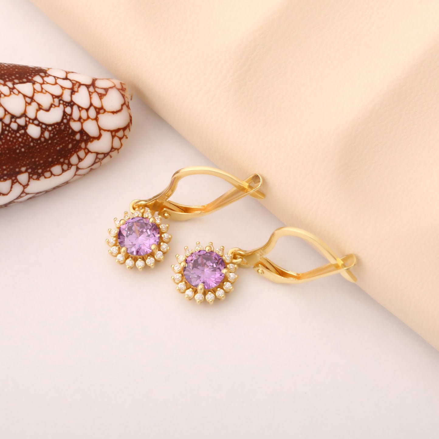 8K/10K/14K Solid Gold Amethyst Dangle Earrings in Round Shape Surrounded by Real Diamonds February Birthstone Jewelry