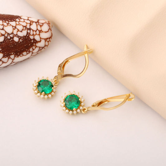 8K/10K/14K Solid Gold Emerald Dangle Earrings in Round Shape Surrounded by Real Diamonds, May Birthstone Jewelry