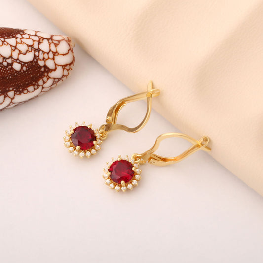 8K/10K/14K Solid Gold Ruby Dangle Earrings in Round Shape Surrounded by Real Diamonds, Perfect for Anniversary, Christmas or July Birthstone Gift