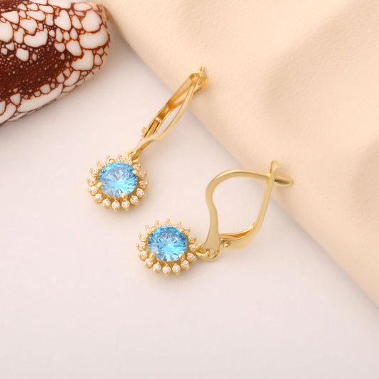 8K/10K/14K Solid Gold Blue Topaz Dangle Earrings in Round Shape Surrounded by Real Diamonds, Timeless Birthstone Jewelry for December Gifts