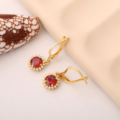 8K/10K/14K Solid Gold Garnet Dangle Earrings in Round Shape Surrounded by Real Diamonds, Birthstone Jewelry for January