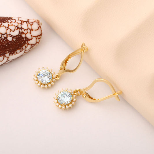 8K/10K/14K Solid Gold Aquamarine Dangle Earrings in Round Shape Surrounded by Real Diamonds, Birthstone Jewelry for March Gifts