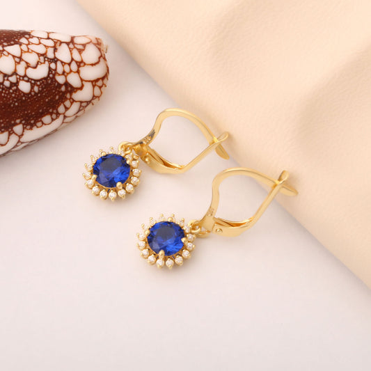 8K/10K/14K Solid Gold Sapphire Dangle Earrings in Round Shape Surrounded by Real Diamonds, Birthstone Jewelry for September Gifts