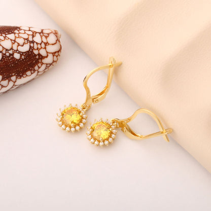 8K/10K/14K Solid Gold Yellow Topaz Dangle Earrings in Round Shape Surrounded by Real Diamonds