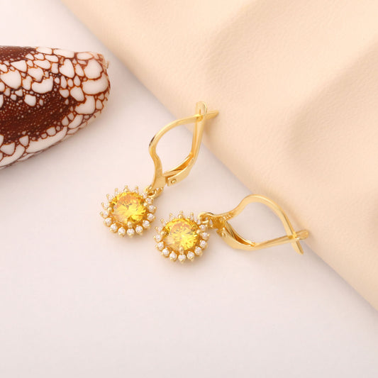 8K/10K/14K Solid Gold Yellow Topaz Dangle Earrings in Round Shape Surrounded by Real Diamonds