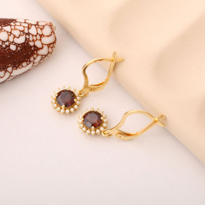 8K/10K/14K Solid Gold Smoky Quartz Dangle Earrings in Round Shape Surrounded by Real Diamonds