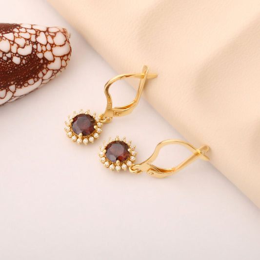 8K/10K/14K Solid Gold Smoky Quartz Dangle Earrings in Round Shape Surrounded by Real Diamonds