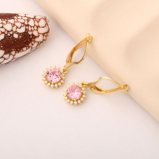 8K/10K/14K Solid Gold Pink Tourmaline Dangle Earrings in Round Shape Surrounded by Real Diamonds, Gift for October