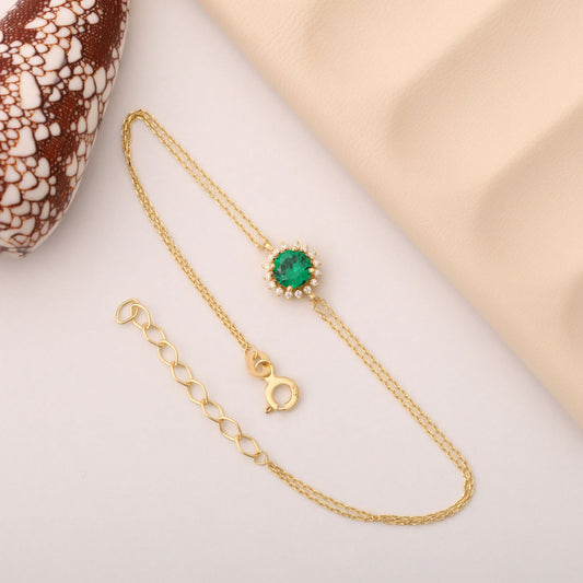 10K/14K Solid Gold Emerald Bracelet in Round Shape Surrounded by Real Diamonds, May Birthstone Jewelry