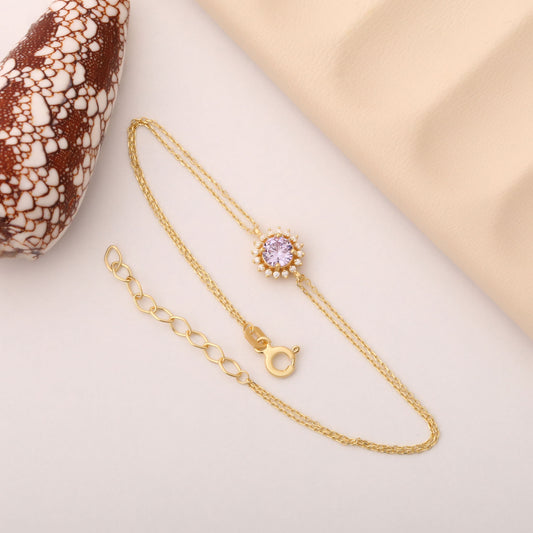 10K/14K Solid Gold Alexandrite Bracelet in Round Shape Surrounded by Real Diamonds, June Birthstone Jewelry