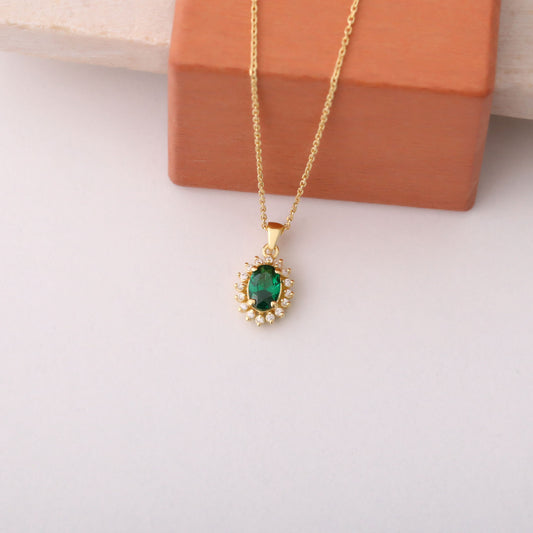 Oval Cut Emerald Necklace with Real Diamonds, 10K/14K Solid Gold, May Birthstone Pendant