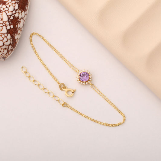 10K/14K Solid Gold Amethyst Bracelet in Round Shape Surrounded by Real Diamonds, February Birthstone Jewelry