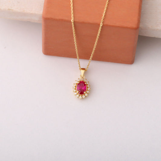 Oval Cut Ruby Necklace with Real Diamonds, 10K/14K Solid Gold, July Birthstone Pendant