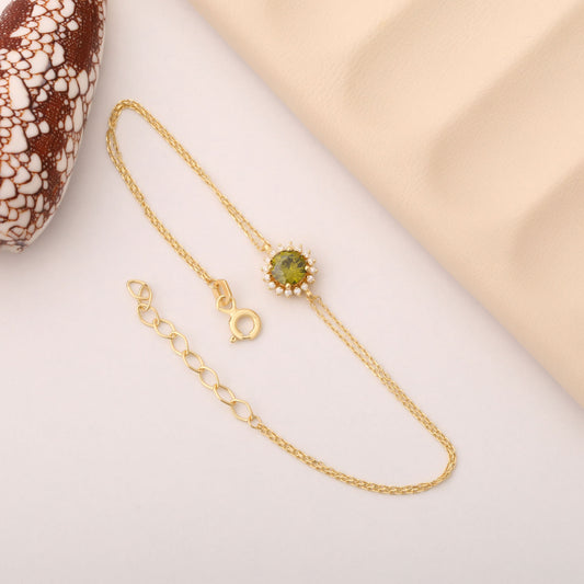 10K/14K Solid Gold Peridot Bracelet in Round Shape Surrounded by Real Diamonds, August Birthstone Jewelry