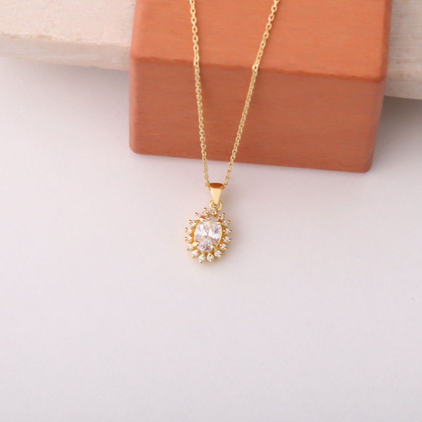 Oval Cut White Topaz Necklace with Real Diamonds, 10K/14K Solid Gold, April Birthstone Pendant