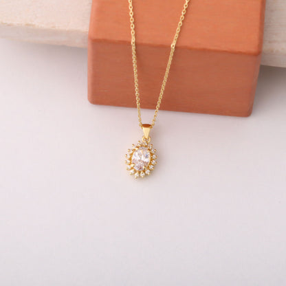 Oval Cut White Topaz Necklace with Real Diamonds, 10K/14K Solid Gold, April Birthstone Pendant
