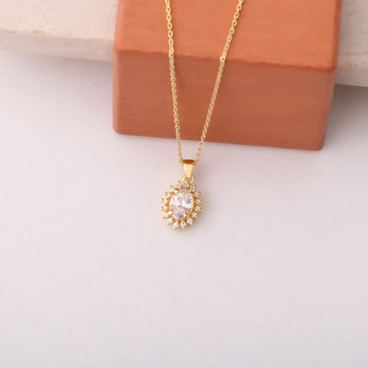 Oval Cut White Topaz Necklace with Real Diamonds, 10K/14K Solid Gold, April Birthstone Pendant