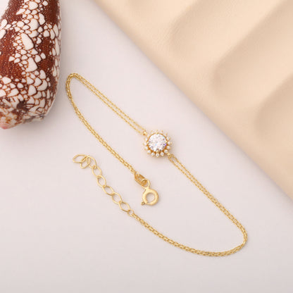 10K/14K Solid Gold White Topaz Bracelet in Round Shape Surrounded by Real Diamonds