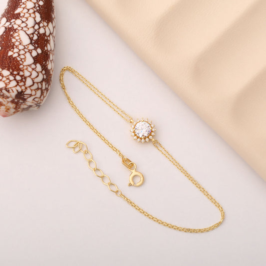 10K/14K Solid Gold White Topaz Bracelet in Round Shape Surrounded by Real Diamonds