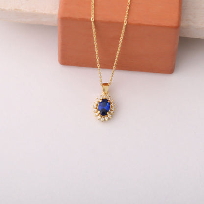 Oval Cut Sapphire Necklace with Real Diamonds, 10K/14K Solid Gold, September Birthstone Pendant