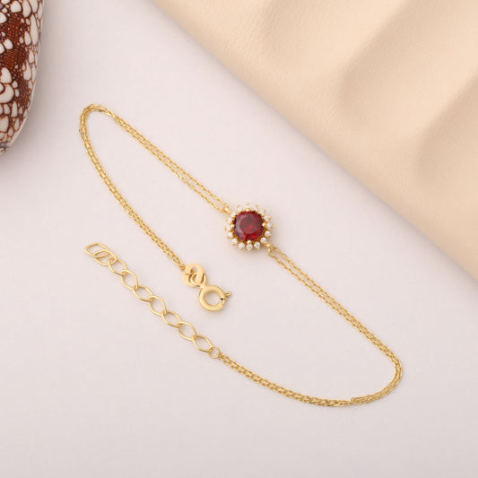 10K/14K Solid Gold Garnet Bracelet in Round Shape Surrounded by Real Diamonds