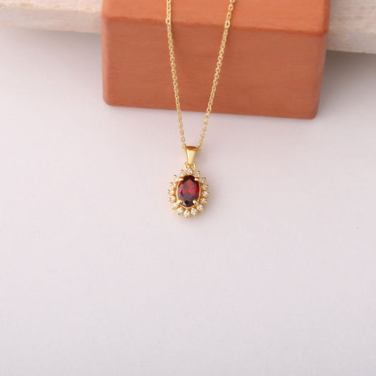 Oval Cut Garnet Necklace with Real Diamonds, 10K/14K Solid Gold, January Birthstone Pendant