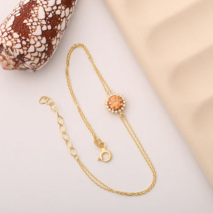 10K/14K Solid Gold Citrine Bracelet in Round Shape Surrounded by Real Diamonds