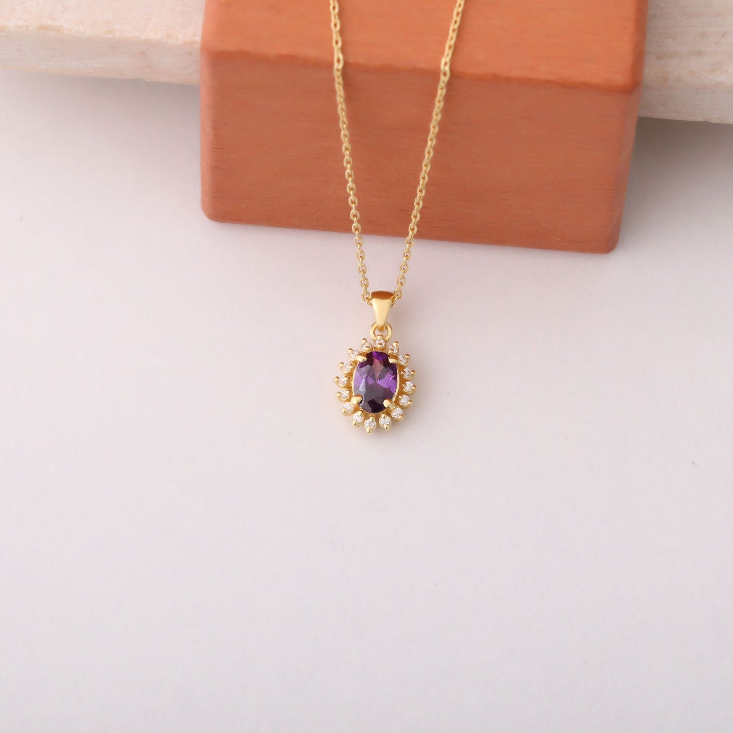 Oval Cut Amethyst Necklace with Real Diamonds, 10K/14K Solid Gold, February Birthstone Pendant