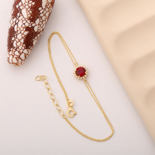 10K/14K Solid Gold Ruby Bracelet in Round Shape Surrounded by Real Diamonds