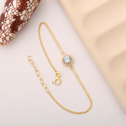 10K/14K Solid Gold Aquamarine Bracelet in Round Shape Surrounded by Real Diamonds