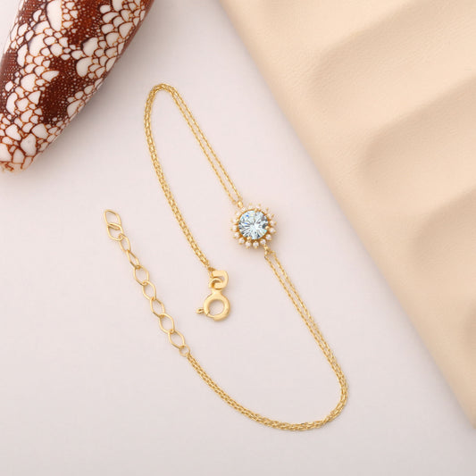 10K/14K Solid Gold Aquamarine Bracelet in Round Shape Surrounded by Real Diamonds