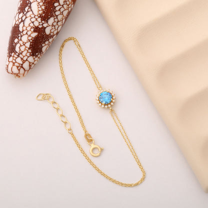 10K/14K Solid Gold Blue Topaz Bracelet in Round Shape Surrounded by Real Diamonds