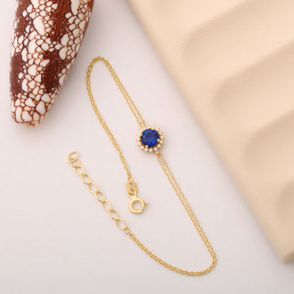 10K/14K Solid Gold Sapphire Bracelet in Round Shape Surrounded by Real Diamonds