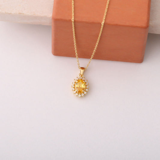 Oval Cut Yellow Topaz Necklace with Real Diamonds, 10K/14K Solid Gold Pendant