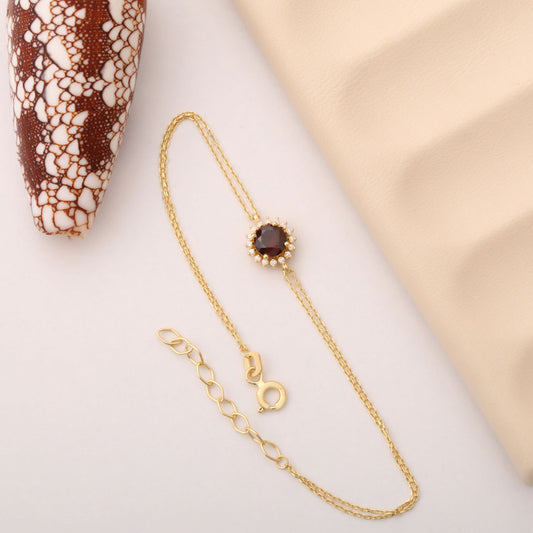 10K/14K Solid Gold Smoky Quartz Bracelet in Round Shape Surrounded by Real Diamonds