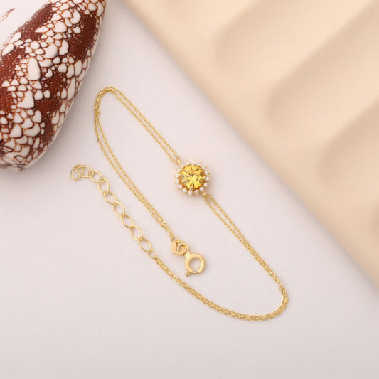 10K/14K Solid Gold Yellow Topaz Bracelet in Round Shape Surrounded by Real Diamonds