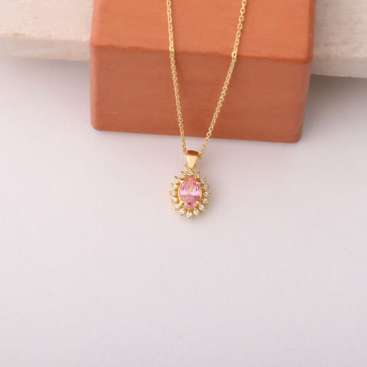Oval Cut Pink Tourmaline Necklace with Real Diamonds, 10K/14K Solid Gold, October Birthstone Pendant