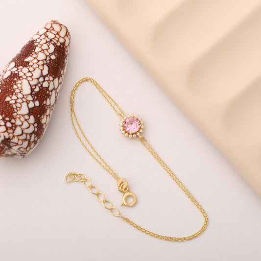 10K/14K Solid Gold Pink Tourmaline Bracelet in Round Shape Surrounded by Real Diamonds