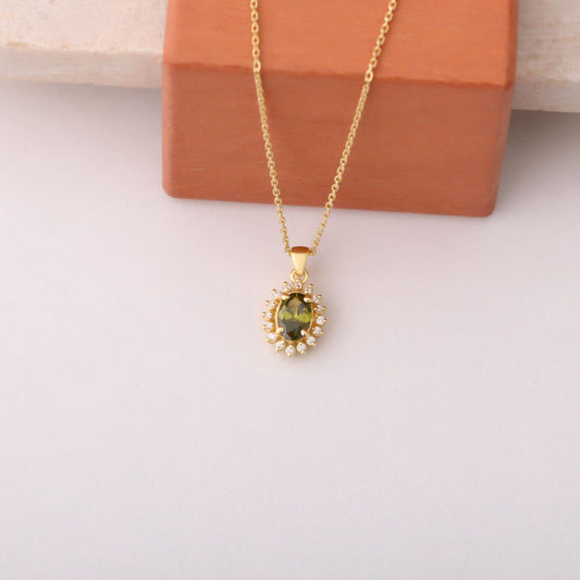 Oval Cut Peridot Necklace with Real Diamonds, 10K/14K Solid Gold, August Birthstone Pendant