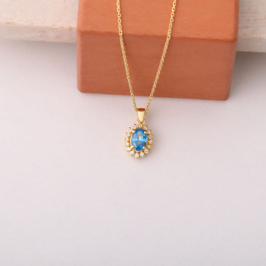 Oval Cut Blue Topaz Necklace with Real Diamonds, 10K/14K Solid Gold, December Birthstone Pendant