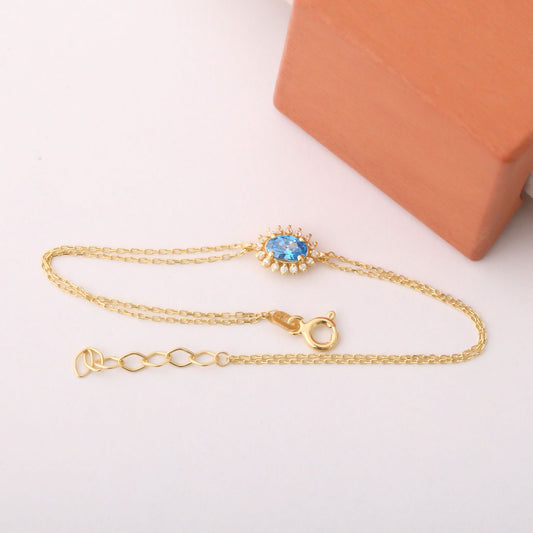 Blue Topaz Oval Bracelet 8K/10K/14K Solid Gold Surrounded by Real Diamonds, December Birthstone Gift