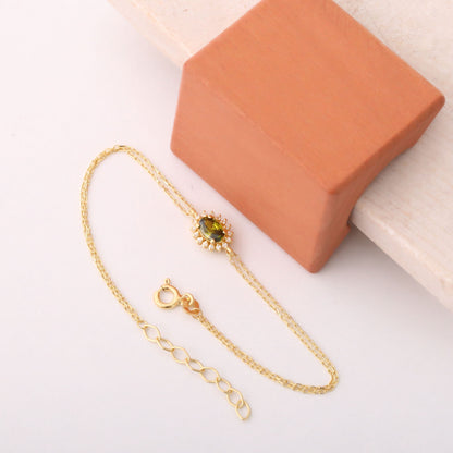 Peridot Oval Bracelet 8K/10K/14K Solid Gold Surrounded by Real Diamonds, August Birthstone Gift