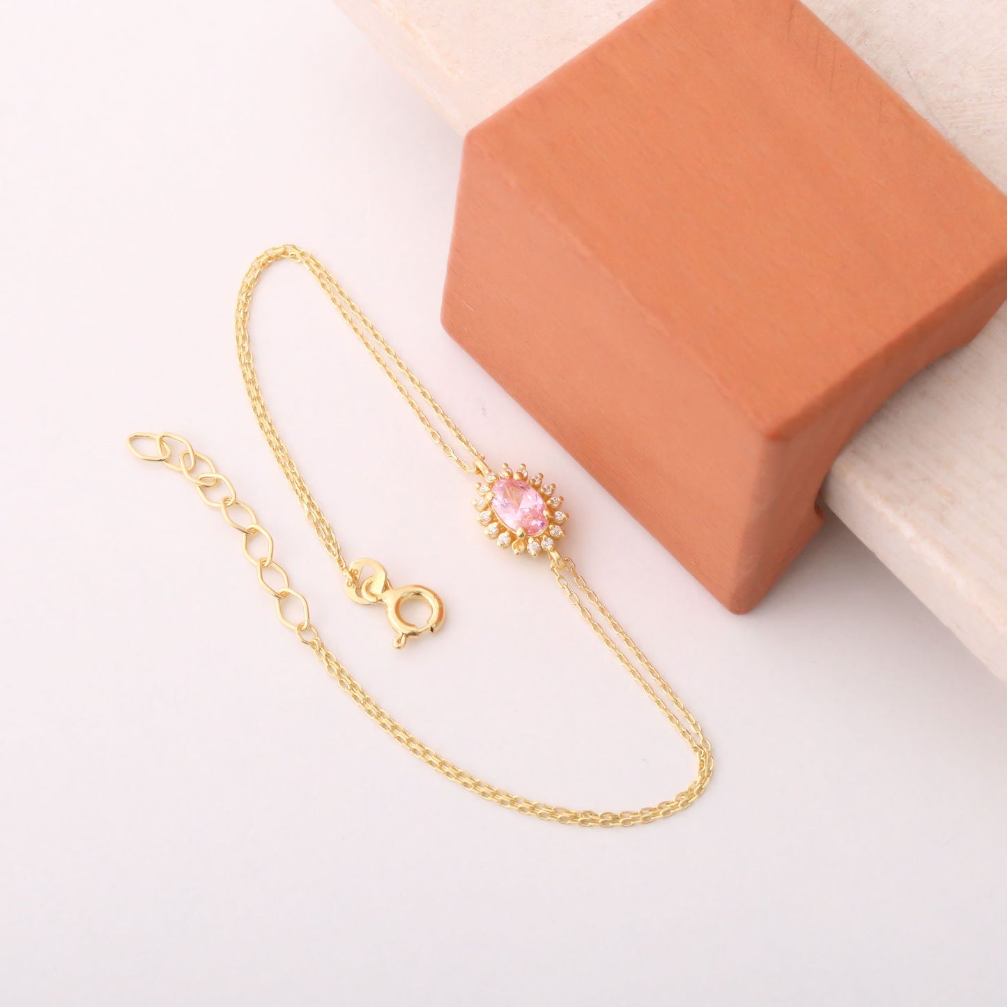 Pink Tourmaline Oval Bracelet 8K/10K/14K Solid Gold Surrounded by Real Diamonds, October Birthstone Gift