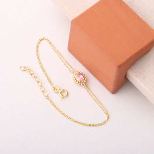 Pink Tourmaline Oval Bracelet 8K/10K/14K Solid Gold Surrounded by Real Diamonds, October Birthstone Gift