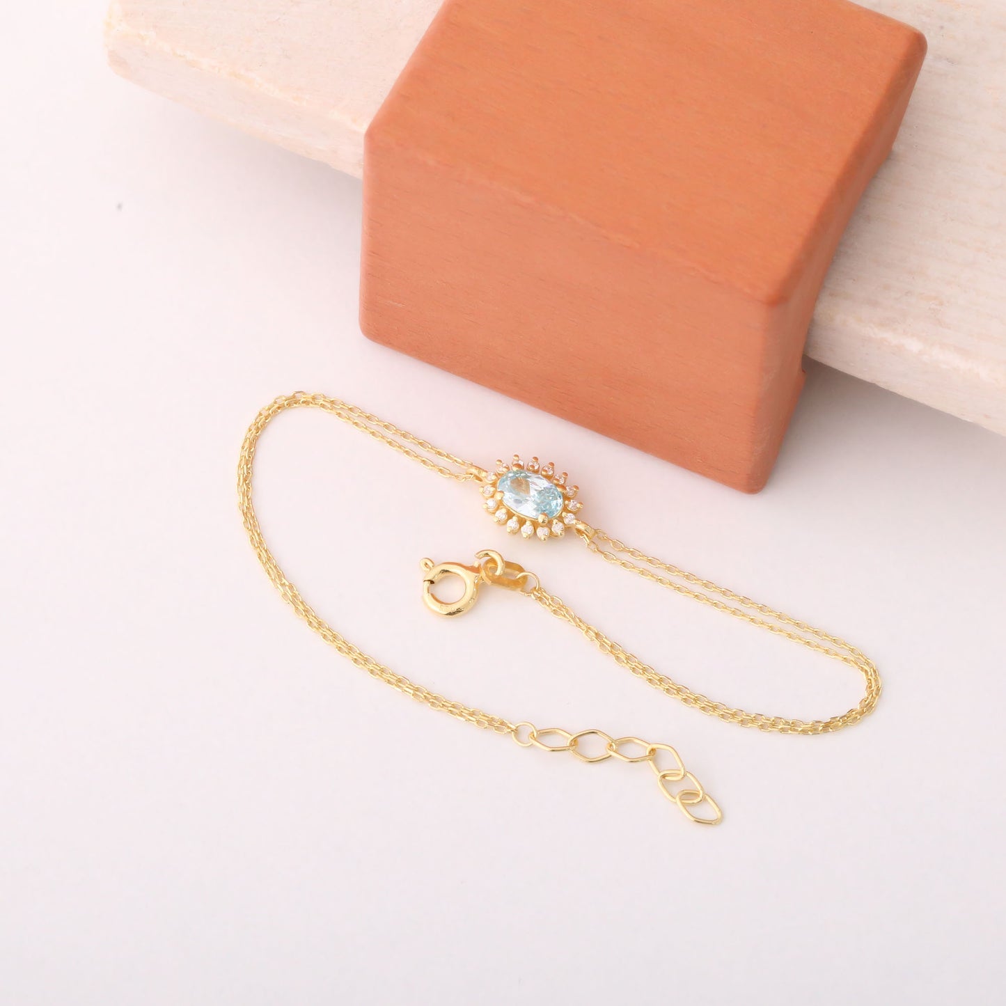 Aquamarine Oval Bracelet 8K/10K/14K Solid Gold Surrounded by Real Diamonds, March Birthstone Gift