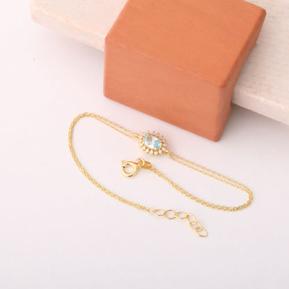 Aquamarine Oval Bracelet 8K/10K/14K Solid Gold Surrounded by Real Diamonds, March Birthstone Gift