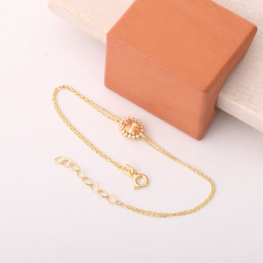 Citrine Oval Bracelet 8K/10K/14K Solid Gold Surrounded by Real Diamonds, November Birthstone Gift