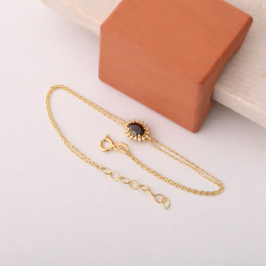 Smoky Quartz Oval Bracelet 8K/10K/14K Solid Gold Surrounded by Real Diamonds