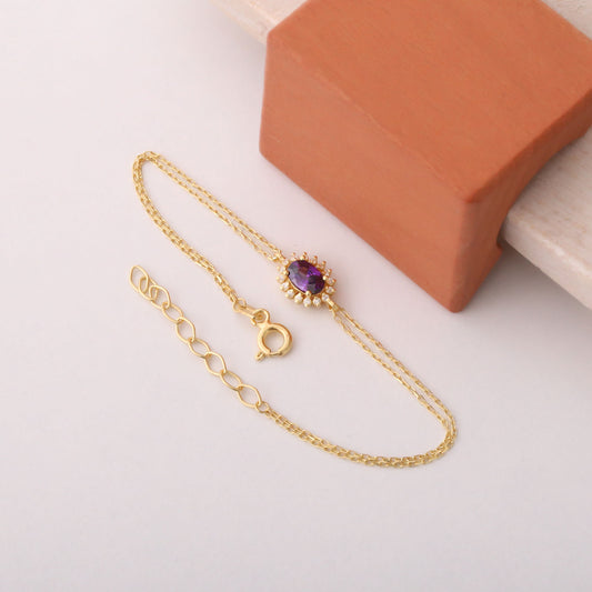 Amethyst Oval Bracelet 8K/10K/14K Solid Gold Surrounded by Real Diamonds, February Birthstone Gift