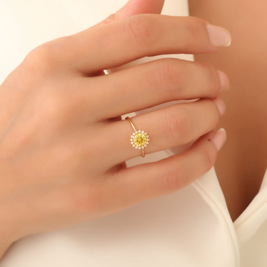 Yellow Topaz Ring in Round 8K/10K/14K Solid Gold Shape Surrounded by Real Diamonds